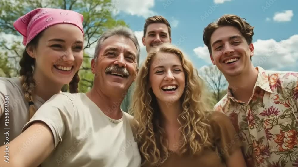 Group of friends enjoying a sunny day outdoors, smiling and taking a selfie in a lush green park Group of friends enjoying a sunny day outdoors, smiling and taking a selfie in a lush green park