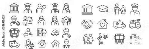 Diverse professions represented in minimalist line icons showcasing community service and support