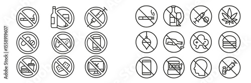 Collection of prohibition symbols on various substances and behaviors for public awareness campaign
