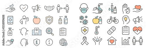 Health and wellness icons representing various aspects of personal care and community health in a modern design