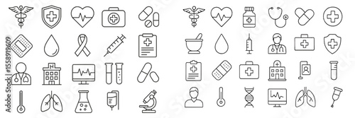 Collection of health and medical icons illustrating various aspects of healthcare and medicine
