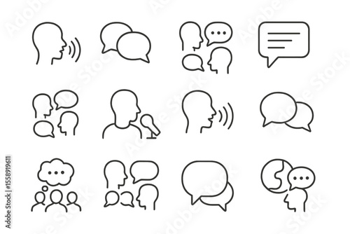 Varied communication icons depicting conversations and dialogue exchanges among diverse individuals and groups