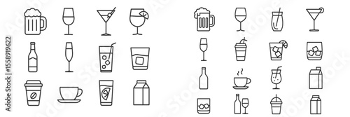 Collection of various drink icons including cocktails, beers, and non-alcoholic beverages displayed in a minimalistic style