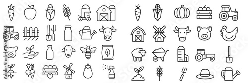 Illustrations of farm life featuring crops, animals, and equipment in a rural setting