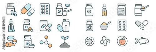 Collection of health and wellness icons featuring supplements, vitamins, and natural ingredients in a minimalist design