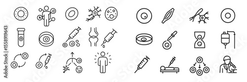 Various line drawings depict healthcare icons including blood samples, cells, syringes, and infusion methods