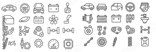 Outline icons of car parts and automotive symbols displayed in a neat arrangement for design and educational purposes