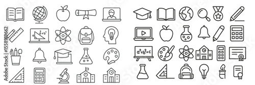 Collection of educational icons representing various subjects and activities related to learning and school life