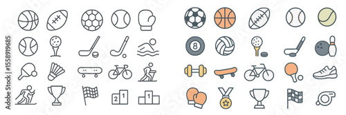 Collection of sports icons showcasing various athletic activities and equipment in a simple and colorful design suitable for educational use
