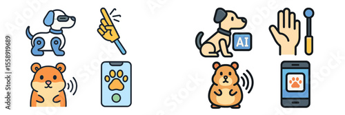 Cute graphic collection of pets and technology symbols showcasing AI in animal care and interaction