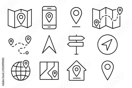 Collection of location and navigation icons illustrating modern mapping and travel tools for efficient wayfinding