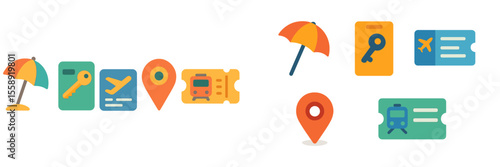 Colorful icons representing travel essentials and services for vacation planning and organization, in a digital format