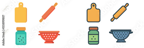Colorful kitchen utensils including cutting boards, rolling pins, and colanders arranged on a simple background