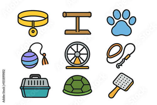 Pet care accessories displayed on a colorful background for animal lovers and pet owners
