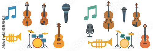 Musical instruments and notes displayed in a vibrant array for a lively music-themed event
