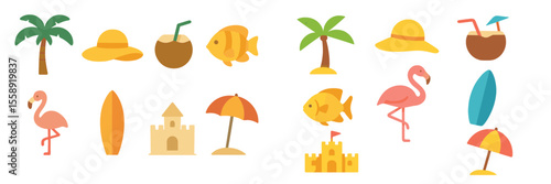 Colorful beach icons featuring sunny activities, tropical elements, and summer fun in a vibrant summer setting