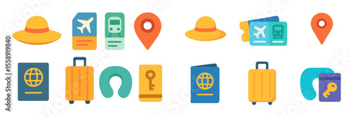 Travel icons representing essential items for journeys, including luggage, tickets, and travel gear