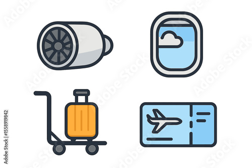 Detailed symbols representing air travel including airplane engine, window view, luggage cart, and boarding pass