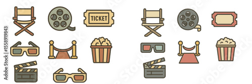 Movie theater symbols and icons showing different elements related to cinema and film experience in a creative design