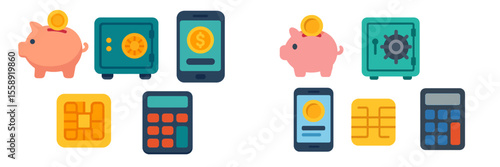 Vector illustrations of financial tools including piggy banks, safes, and digital payment methods