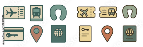 Travel essentials including tickets, travel neck pillow, passport, and travel card in vintage style illustrations for planning trips