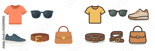 Fashion accessories and casual clothing displayed on a white background for stylish outfits