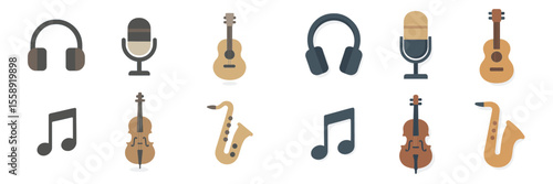 Musical icons and instruments arranged in a creative layout showcasing diverse musical genres and audio equipment