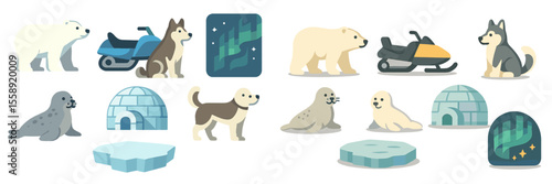 Winter wildlife in the Arctic featuring polar bears, seals, and sled dogs with auroras in the background