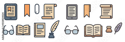 Illustration of reading and writing tools for literary enthusiasts in a modern and vintage style
