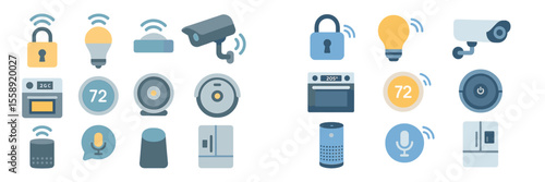 Smart home technology icons representing various devices and their functionalities in a digital format