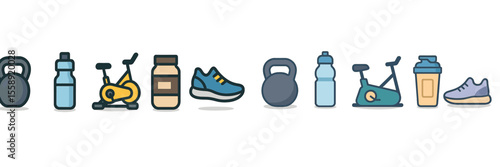 Fitness equipment and accessories arranged in a neat line for a home workout setup from early morning