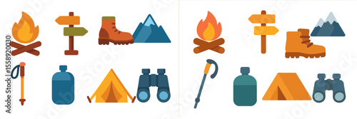 Camping gear and symbols in a vibrant illustration depicting outdoor adventure activities and exploration elements