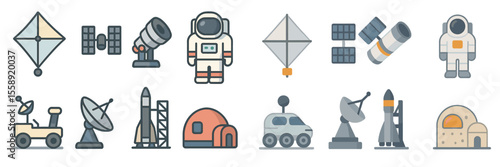 Colorful illustrations depict various space exploration elements, from rockets to satellites, designed for educational purposes
