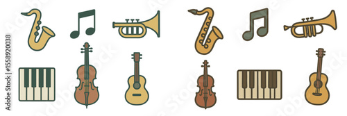 Musical instruments illustrated in various styles showcasing a diverse range of sounds and tones in artistic design