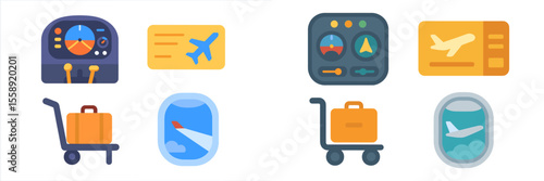Travel icons depicting airport elements and luggage design used for flight planning and booking