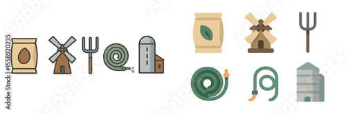 Illustrations of agricultural tools, structures, and farm elements depicting rural life and farming activities