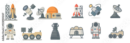 Colorful illustrations of space exploration tools and astronauts displayed on a white background, showcasing advancements in astronomy and technology