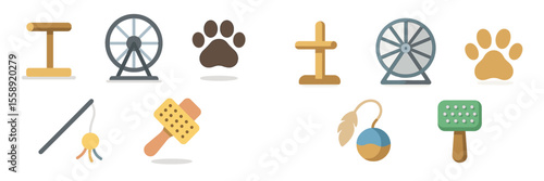 Collection of colorful pet toys, accessories, and equipment for small animals in a playful layout at home