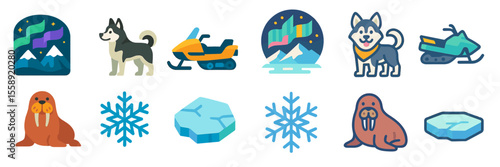 Colorful icons representing Arctic wildlife and activities with snow-covered landscapes and northern lights