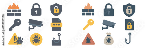 Security and safety icons display featuring various symbols and tools, illustrating protection measures and surveillance systems