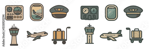 Aviation symbols showcasing airline elements including cockpit, aircraft, and airport features at a modern terminal