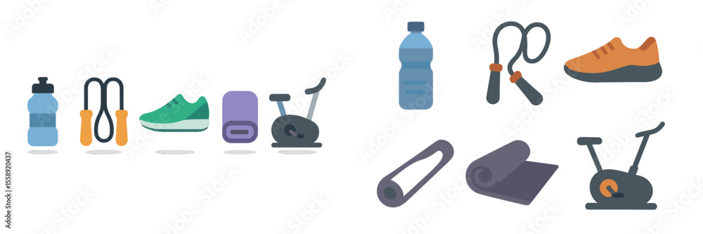 Collection of fitness equipment including shoes, weights, mats, and water bottles arranged in a gym setting for exercise routines Collection of fitness equipment including shoes, weights, mats, and water bottles arranged in a gym setting for exercise routines