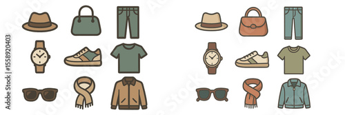 Collection of stylish clothing and accessories displayed on a flat surface with a focus on casual and formal wear options