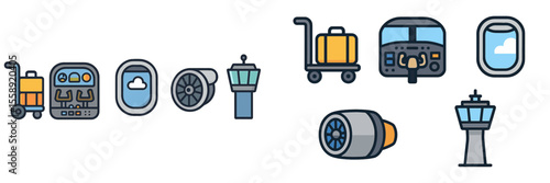 Icons representing airport elements including luggage, cockpit view, and control tower in a modern design style