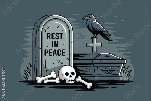 Cartoon Graveyard Tombstone With Rest in Peace, Skull, Bones, Coffin, and Crow