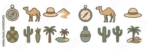 Exploring the desert with camels, hats, and compasses in a vibrant landscape of cacti and palm trees