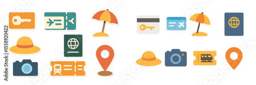 Travel icons represent a variety of activities and essentials for a memorable journey and adventure experience