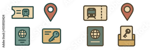 Icons representing travel essentials such as tickets and passports in an illustrative style