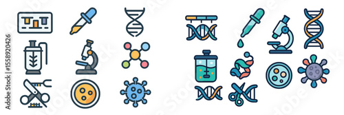 Collection of laboratory equipment and biological symbols illustrating scientific research and experimentation in a modern lab setting