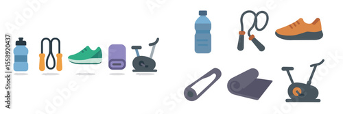 Collection of fitness equipment including shoes, weights, mats, and water bottles arranged in a gym setting for exercise routines